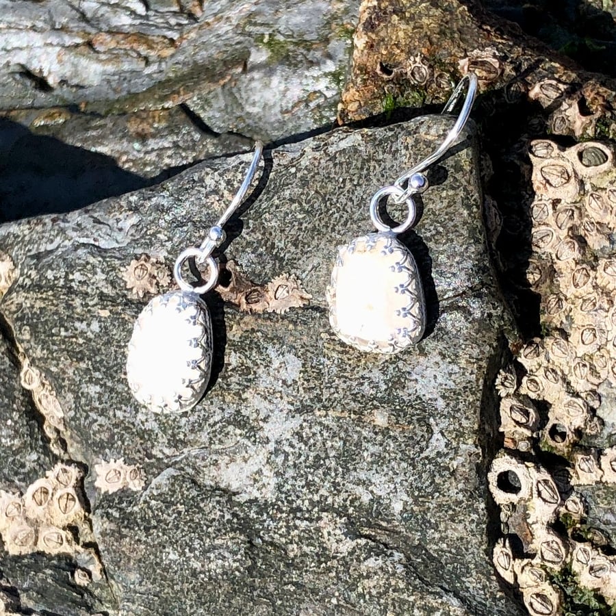 White Sea Glass  and Sterling Silver Drop Earrings - 1142