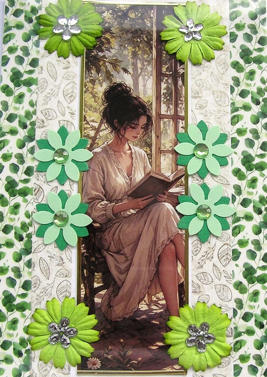 Book Reading Girl - Hand Crafted Decoupage Greeting Card - Blank 3410