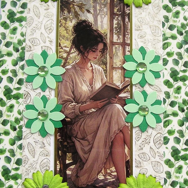 Book Reading Girl - Hand Crafted Decoupage Greeting Card - Blank 3410