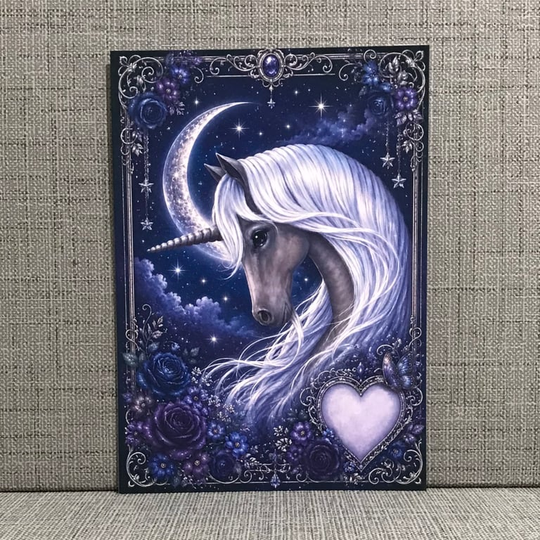 Midnight Unicorn & Crescent Moon Blank Birthday Card — A5 Size — Inc Envelope
