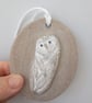 WALL DECORATION hand-built stoneware snowy owl plaque ornament in white - Image 4