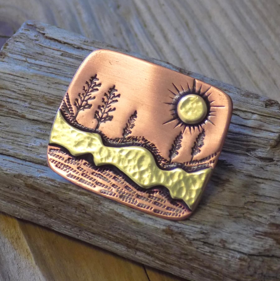 Copper and brass 'sunny afternoon ' mixed metal brooch 