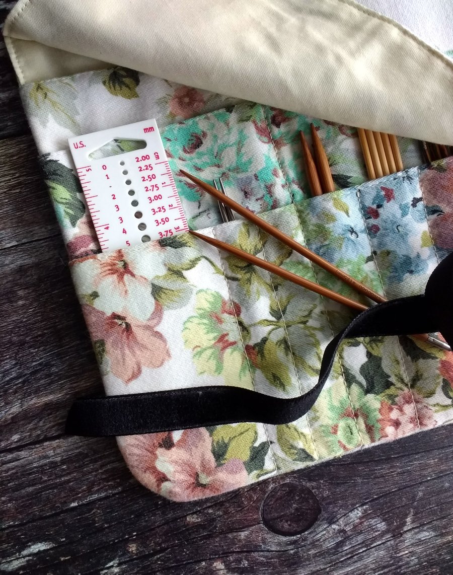 Vintage floral fabric knitting needle wrap, suitable for interchangeables.