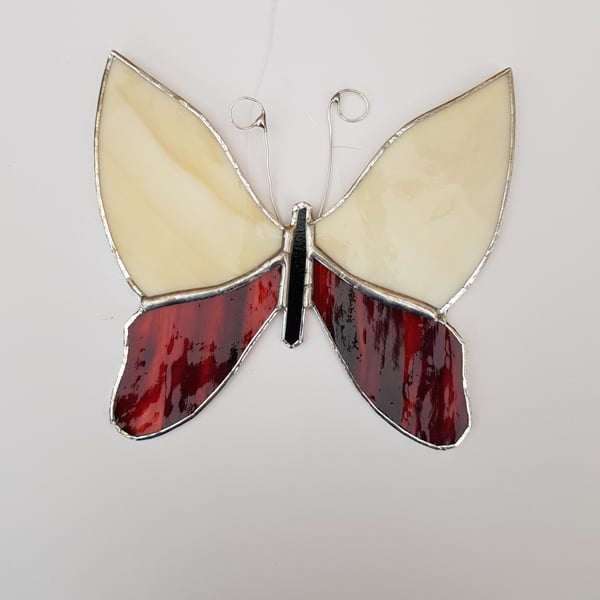 116 Stained Glass Large Cream and Red butterfly - handmade.