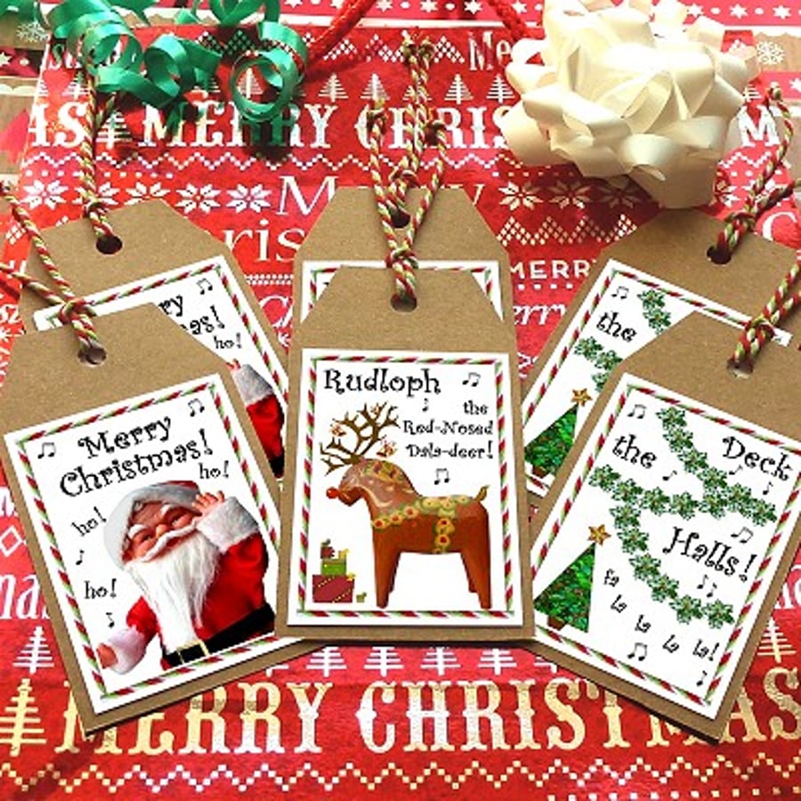 Set of 6 Christmas 'festive funnies' gift tags - Santa, Rudolph & Deck the Halls