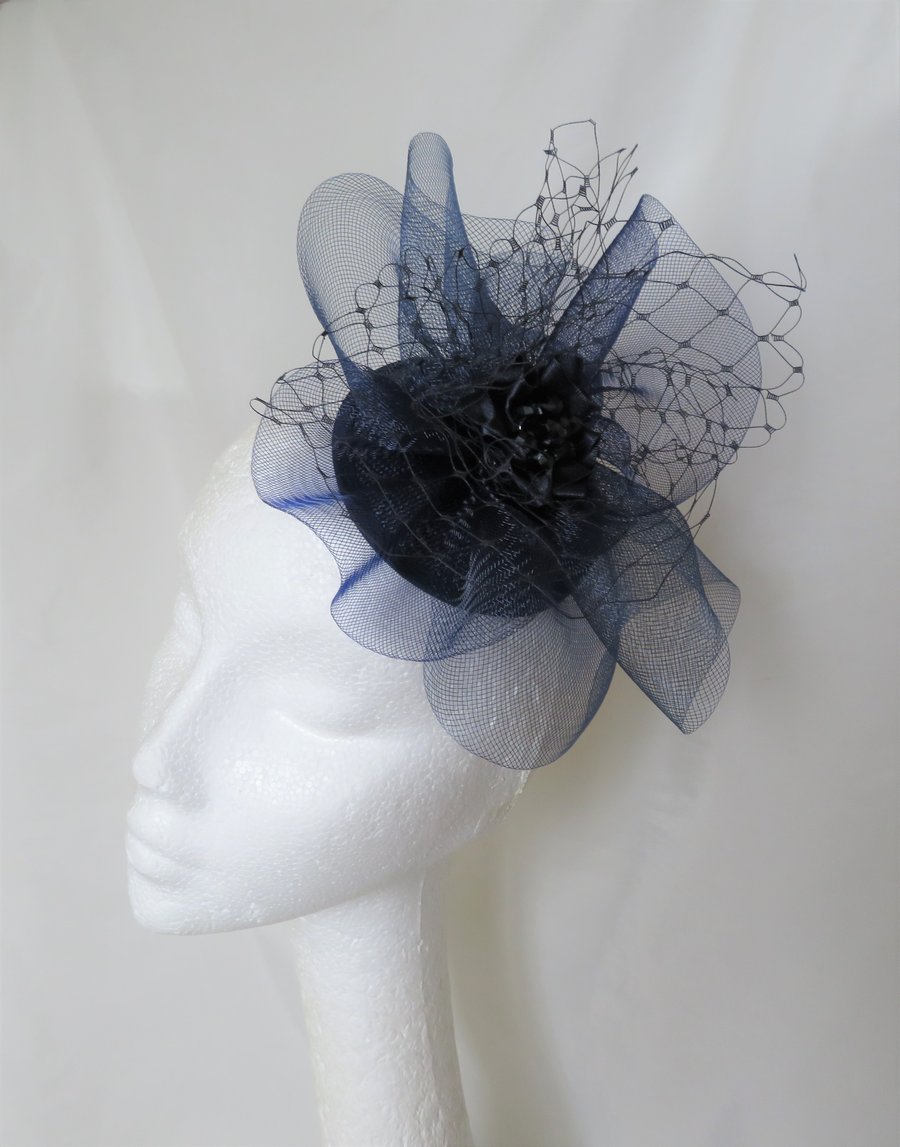 Dark Navy Blue Crinoline Bow & Crystal Cocktail Wedding Fascinator Mini Hat