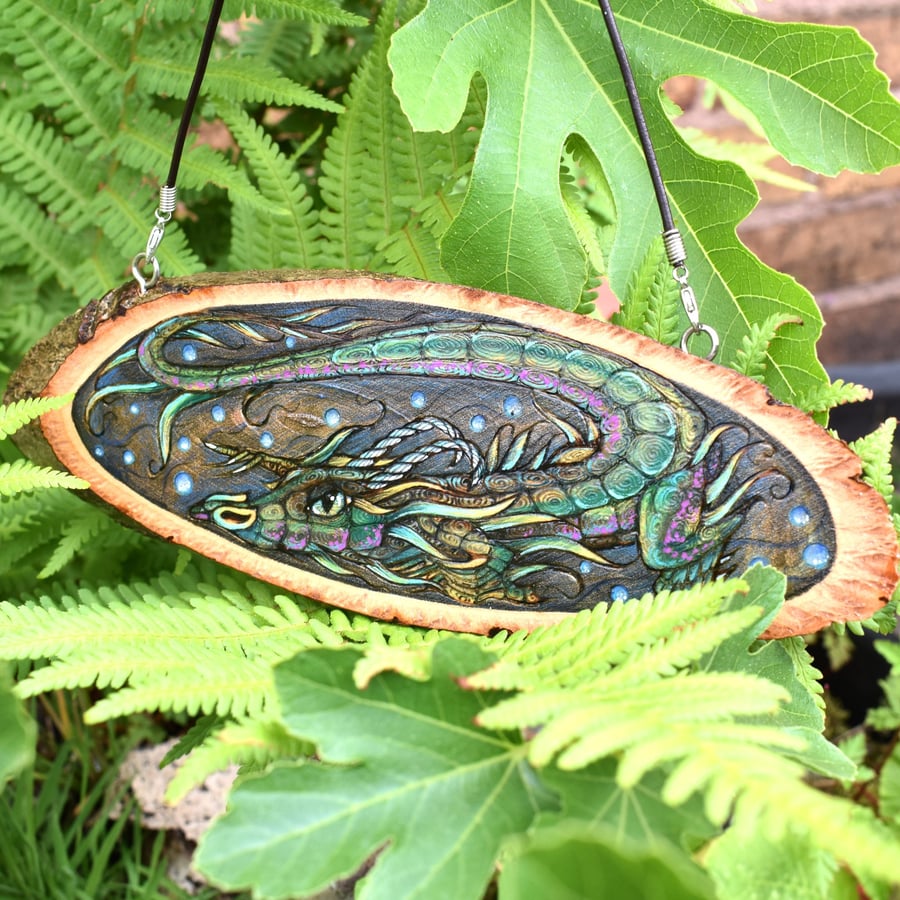 Pyrography Green Dragon hanging plaque. Dark lake guardian.