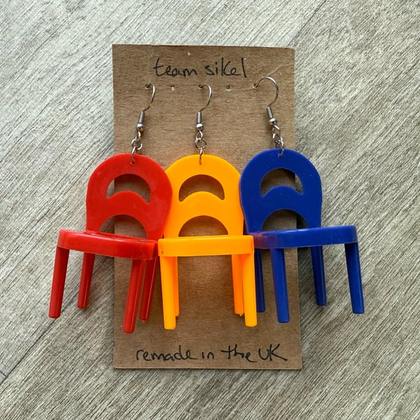 Red, Yellow and Blue Stacking Chair Earrings - Upcycled