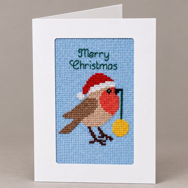 Robin Christmas Card – Handmade Cross Stitch, 6 x 8 Inch