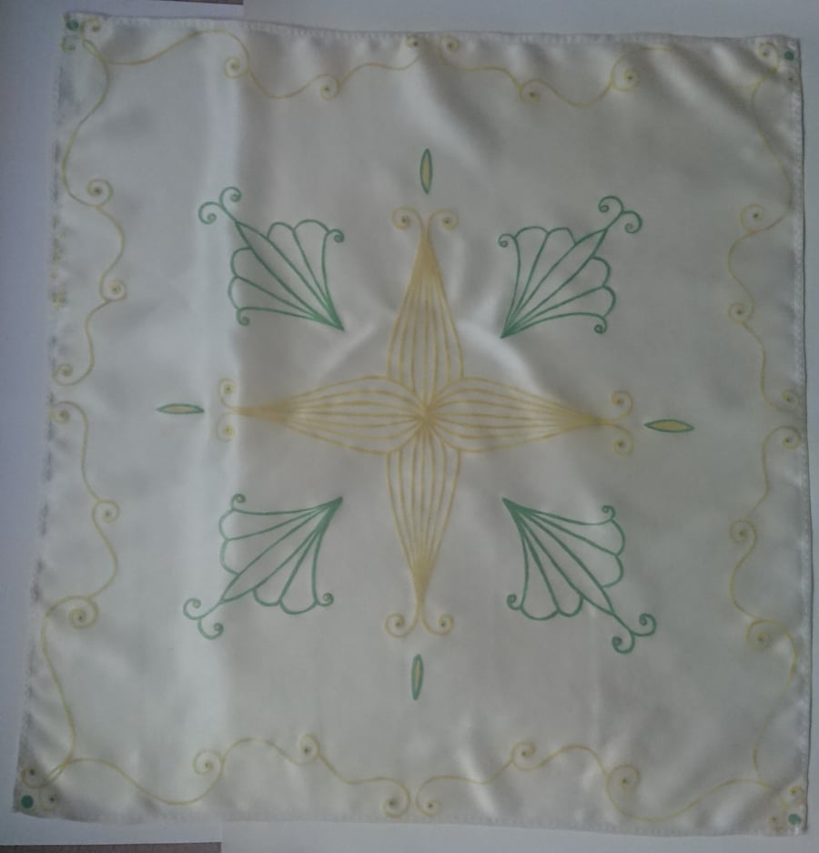 Silk small white square neck scarf handpainted with yellow and green design