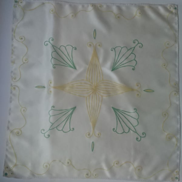 Silk small white square neck scarf handpainted with yellow and green design