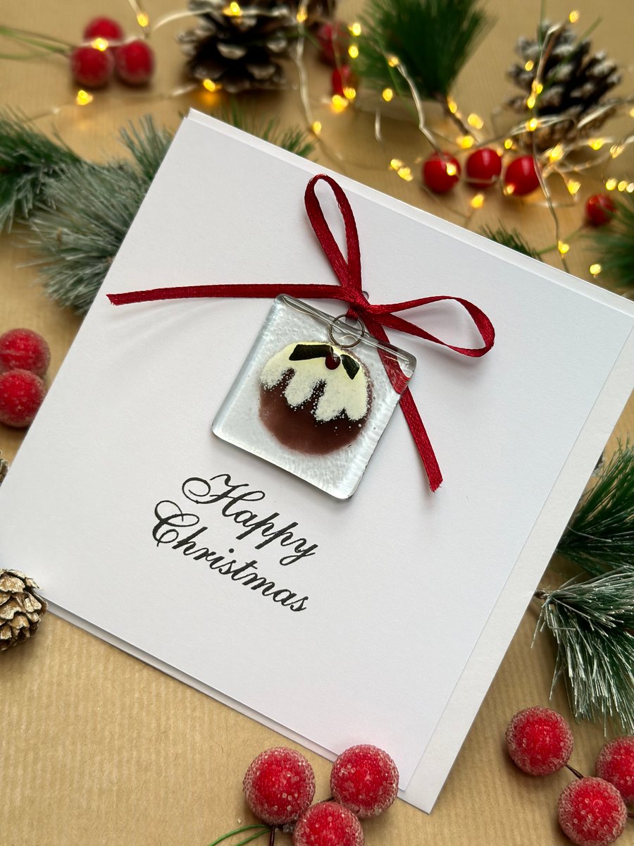 Handmade Fused Glass Christmas Card with Christmas pudding. Fused glass decorati