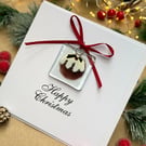 Handmade Fused Glass Christmas Card with Christmas pudding. Fused glass decorati