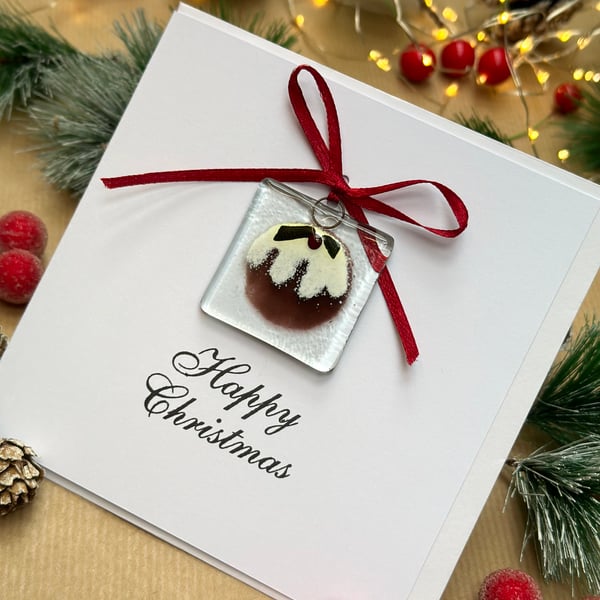 Handmade Fused Glass Christmas Card with Christmas pudding. Fused glass decorati