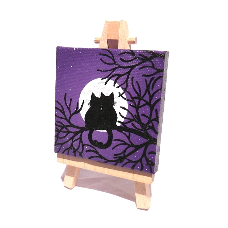 Moonlit Cats in Love Mini Art - small acrylic canvas painting with easel