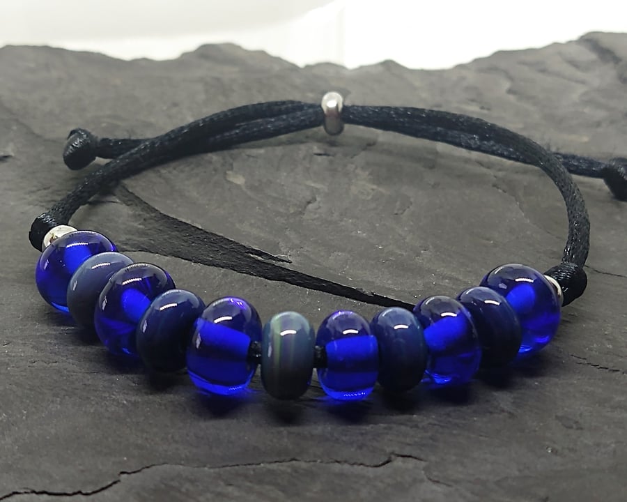 Blue and cobalt spacer adjustable bead slider lampwork bracelet