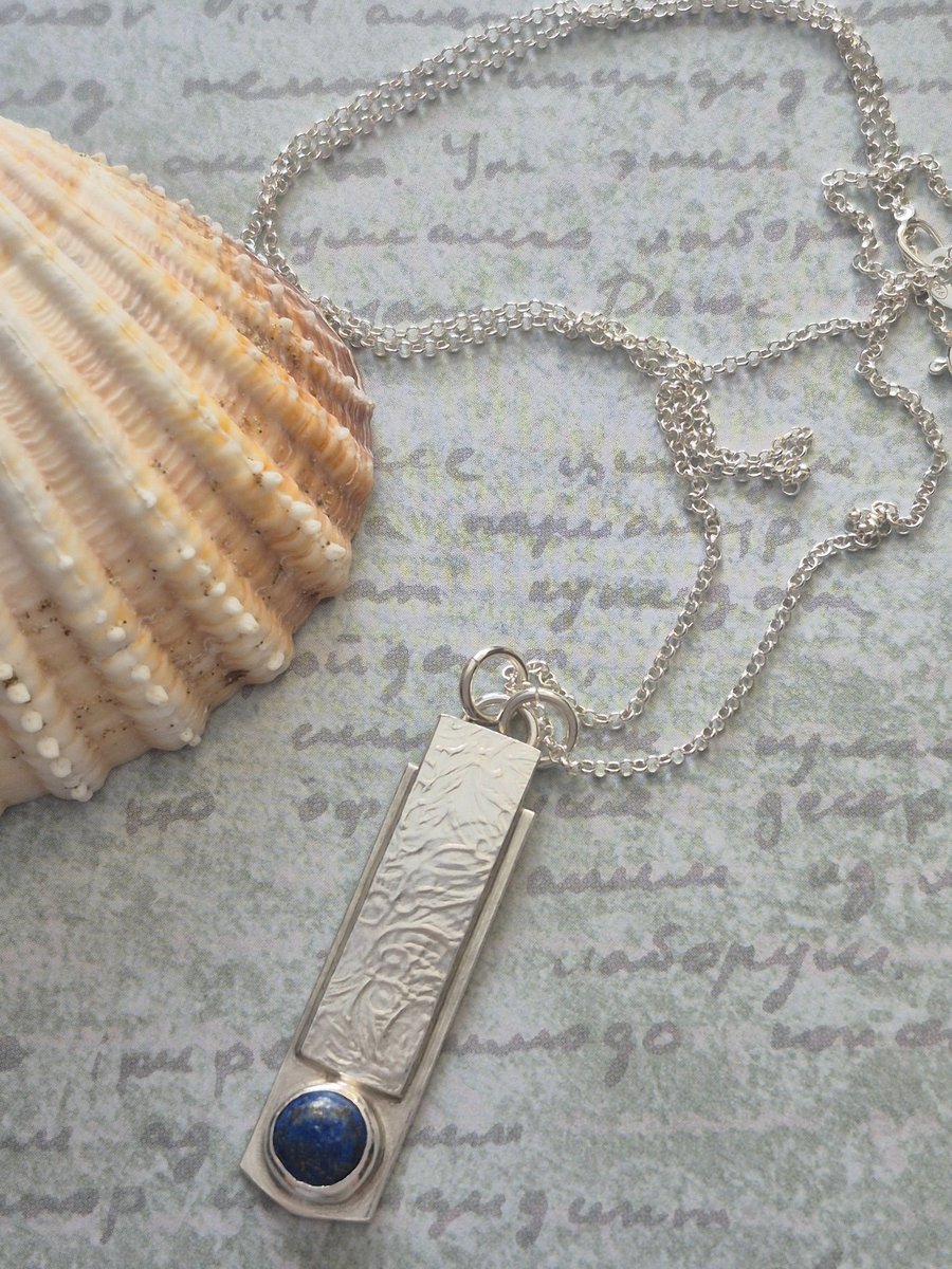 Bespoke Sterling Silver 925 Textured Rectangle Pendant with Lapis Lazuli
