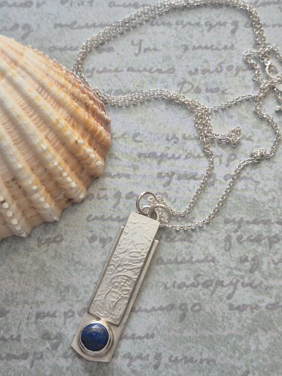 Bespoke Sterling Silver 925 Textured Rectangle Pendant with Lapis Lazuli