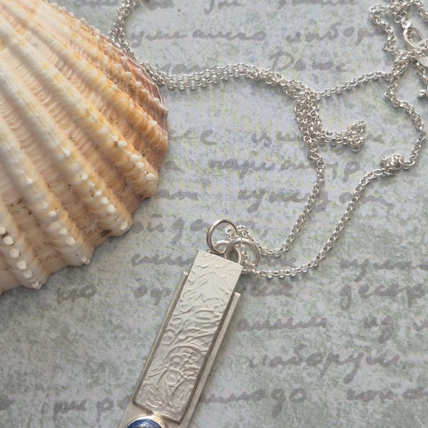 Bespoke Sterling Silver 925 Textured Rectangle Pendant with Lapis Lazuli