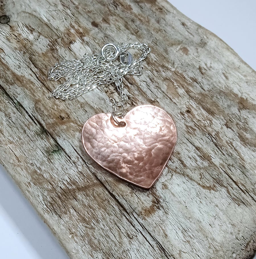 Hammer Textured Copper Heart Pendant Necklace - UK Free Post