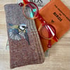 Wool glasses case with hand embroidered bluetit