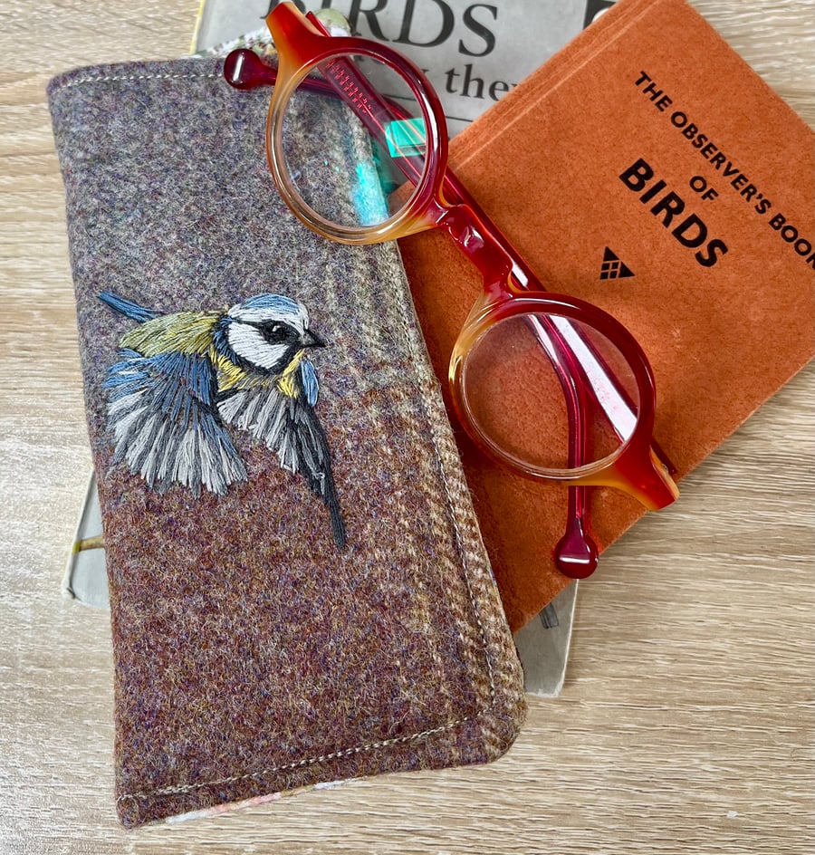Wool glasses case with hand embroidered bluetit