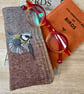 Wool glasses case with hand embroidered bluetit
