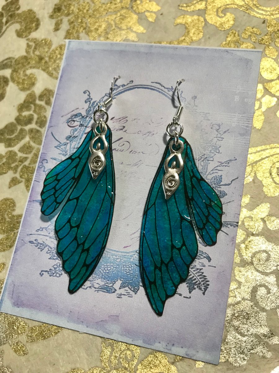 Turquoise Sea Green Glittery Double Fairy Wing Goddess Earrings Sterling Silver