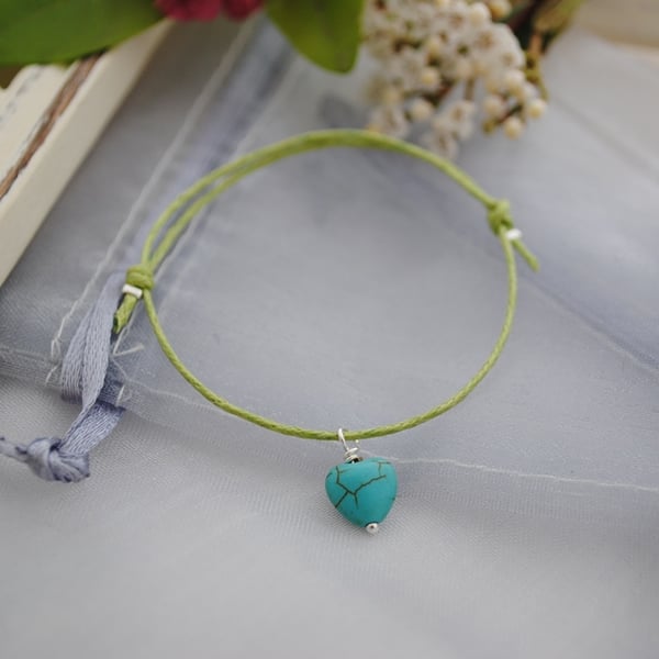Friendship Bracelet-turquoise heart & green cord