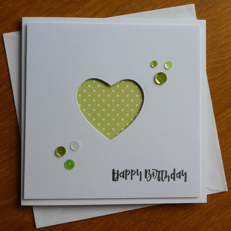 Happy Birthday Card - Bright Green and White Polka Dot Heart Aperture
