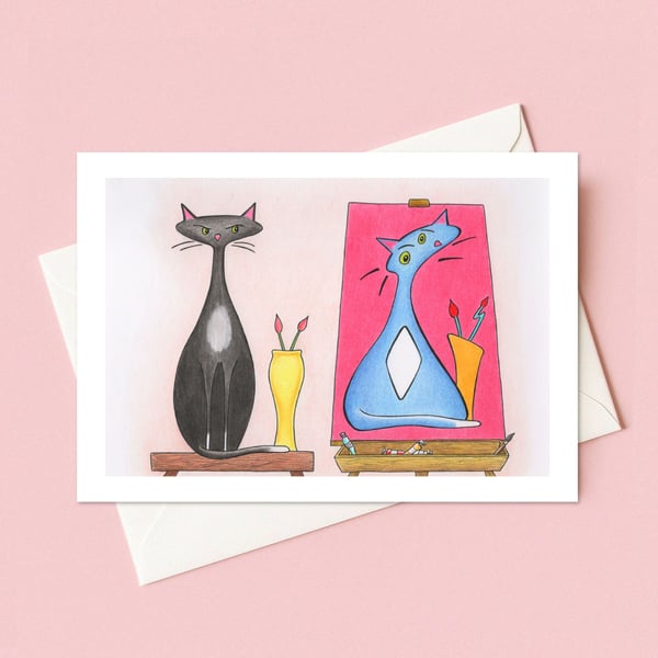  Funny Cat Greeting Card: Pencil Illustration of an Artist's Muse (114)