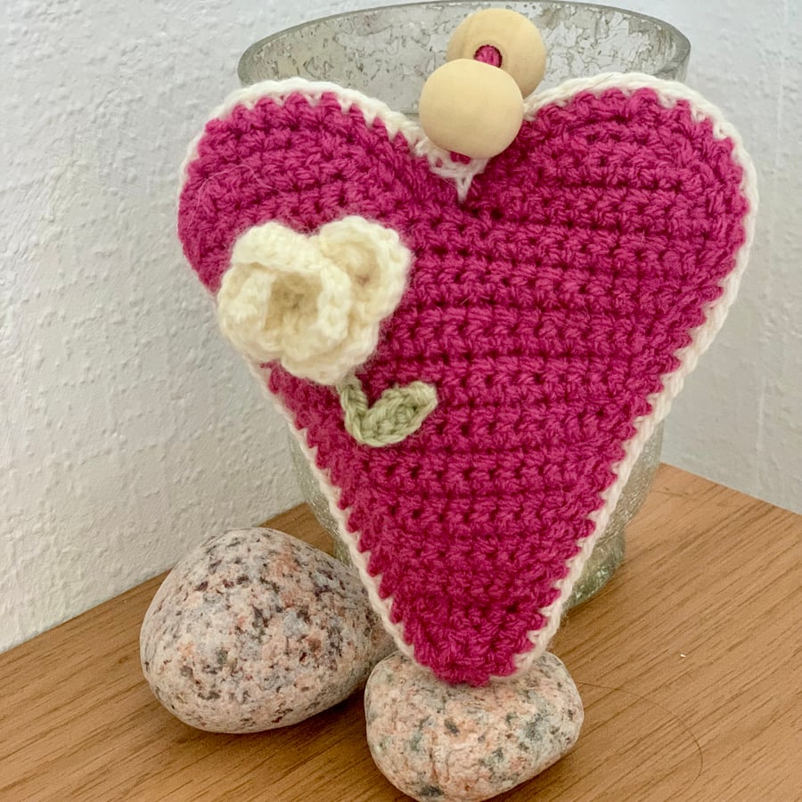Crochet hanging heart, pink heart with crochet rose decoration 