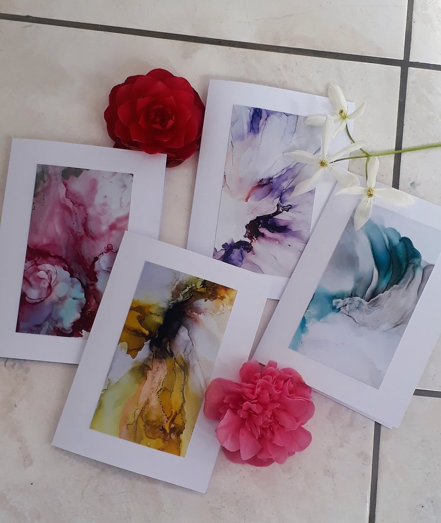 Abstract Flower Colourful Alcohol Ink Card Pack, Floral Greeting Cards