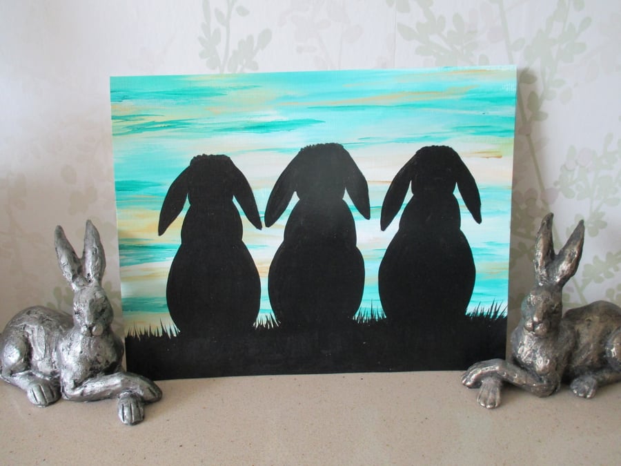 Bunny Rabbit Silhouette Painting Original Art Picture Black Sunset Sky