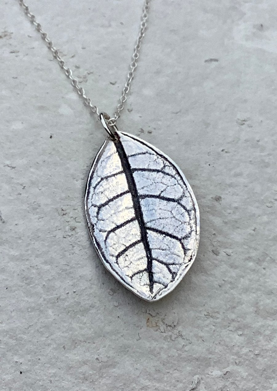 Silver oxidised leaf necklace