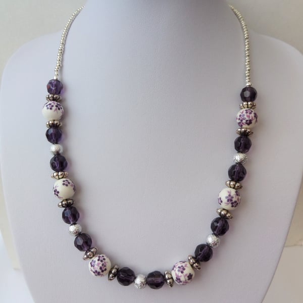 Purple and silver ceramic, acrylic and glass bead necklace