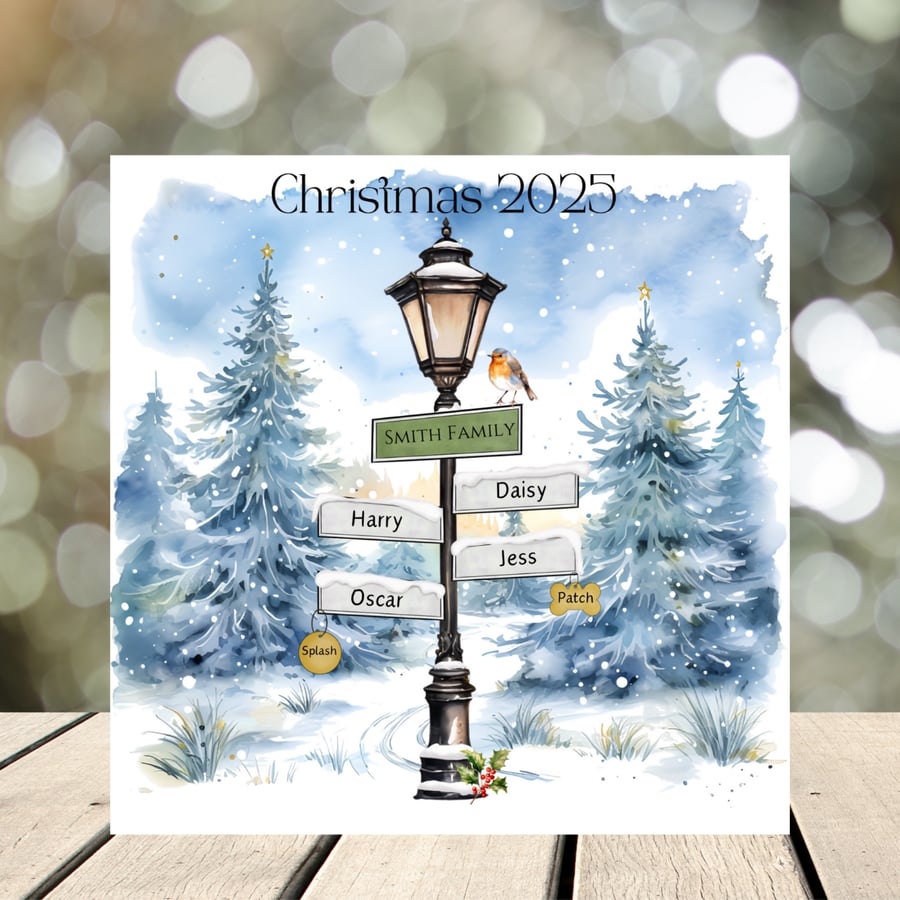 Personalised Christmas Card Street Lamp in the Snow