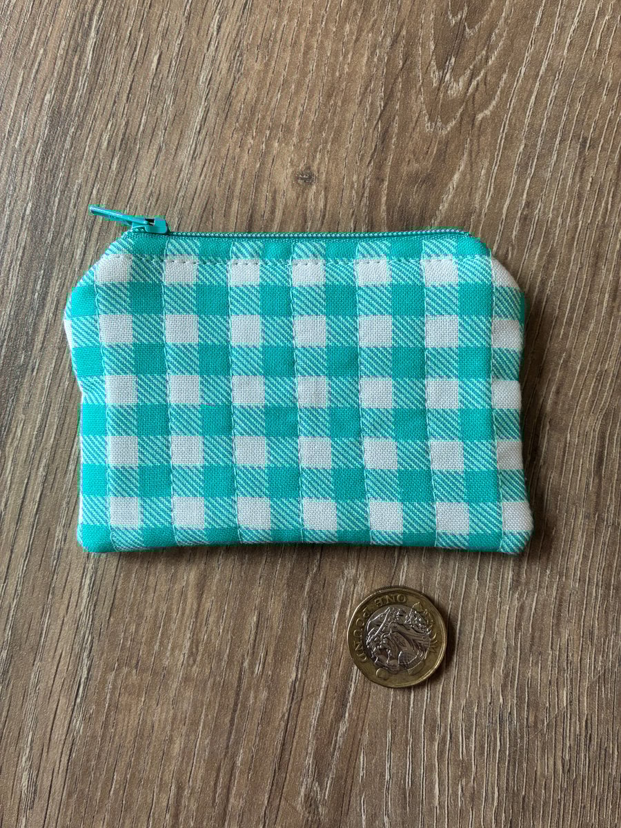 Turquoise And White Gingham Print Quilted Fabric Mini Purse