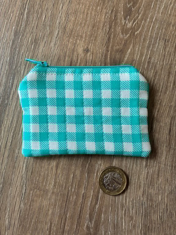 Turquoise And White Gingham Print Quilted Fabric Mini Purse