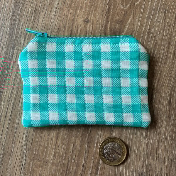 Turquoise And White Gingham Print Quilted Fabric Mini Purse