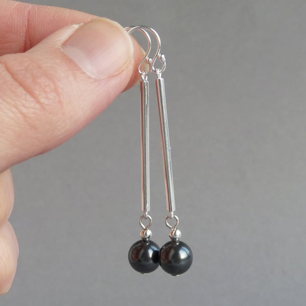 Long Dark Grey Drop Earrings - Black Pearl & Sterling Silver Bar Dangle Earrings