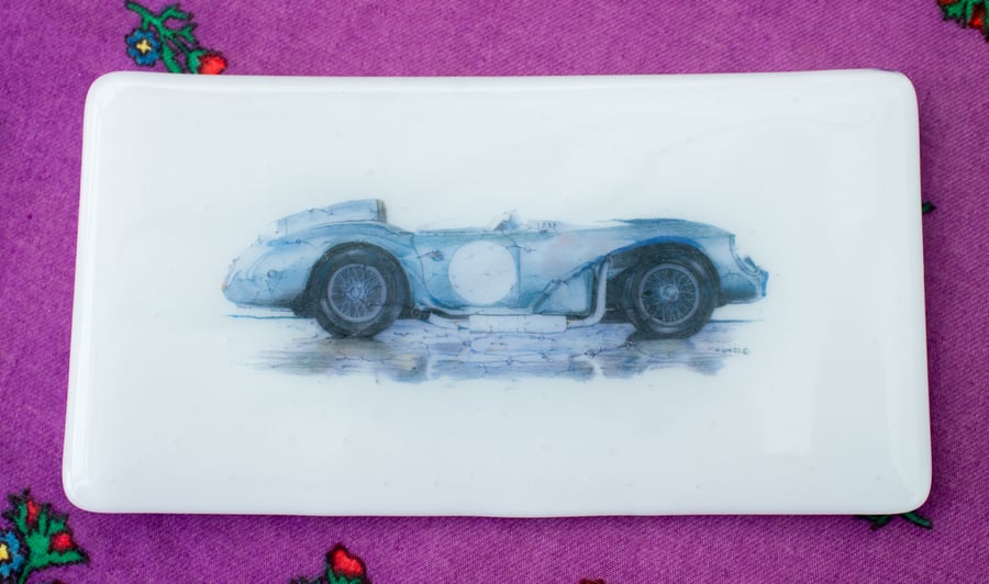 1950 Le Mans Racer - Hand Drawn Image on Fused Glass Platter