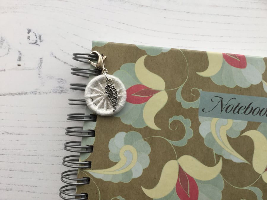 Journal Charm with White Dorset Button and Angel Wing Charm