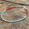 Turquoise & Red Miyuki and Sterling Silver Bracelet. Minimalist Bracelet. 