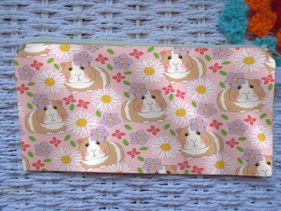 Pink Flowers Guinea Pig Pencil Case 