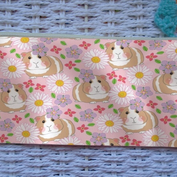 Pink Flowers Guinea Pig Pencil Case 