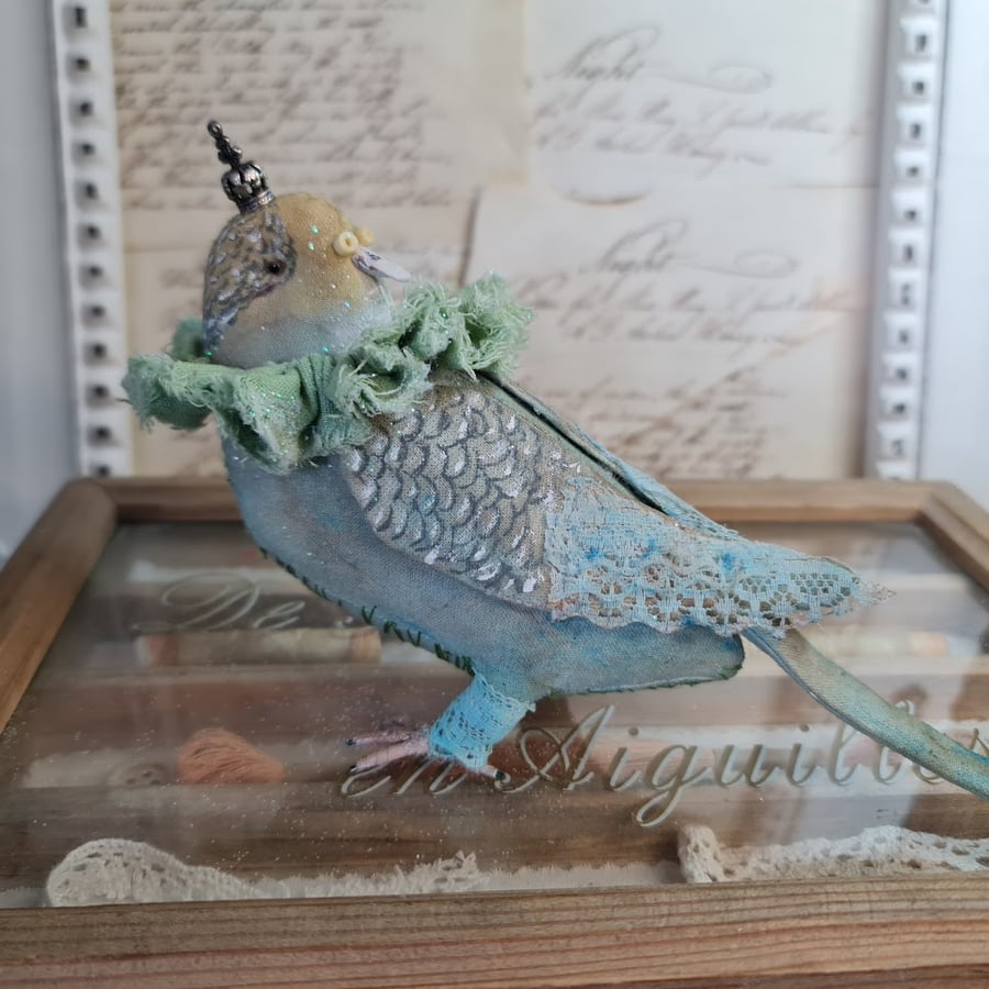 The fairy bird prince handmade soft sculpture textile art budgie