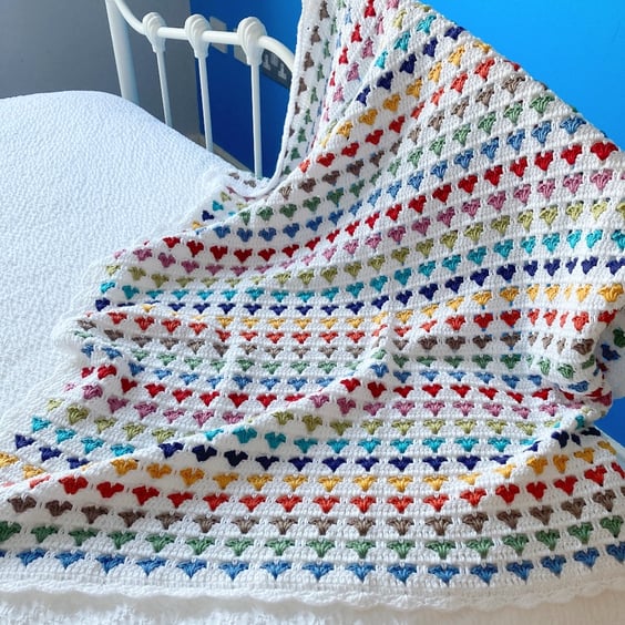 Rainbow Hearts Crocheted Baby Blanket
