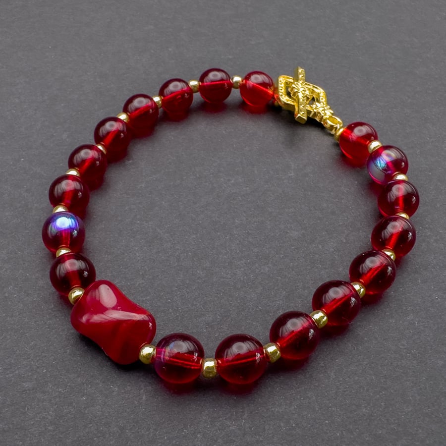 Red and Gold Czech Glass Bead Bracelet