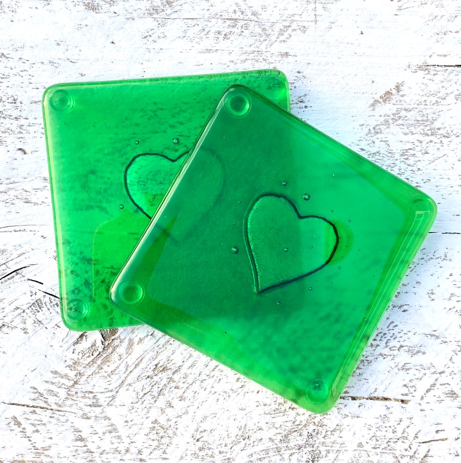 Green Fused Glass Coasters with an embossed heart